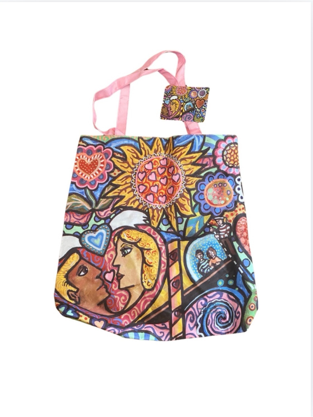 Bold Pop-Art Canvas Tote with Pink Straps (New)